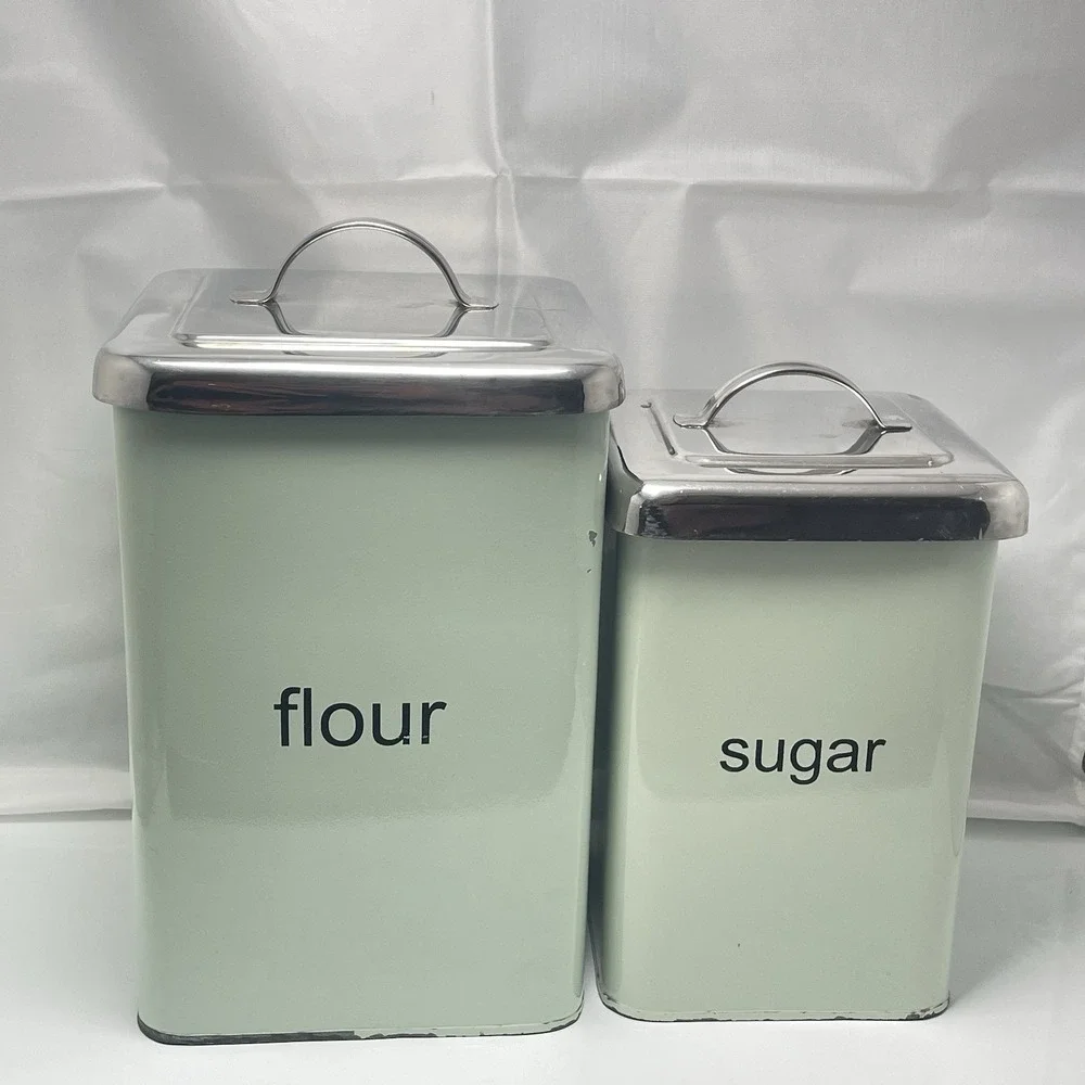 2‎ Pier 1 Imports Square Enamel Metal Canisters Chrome Lids Mint Green Flour